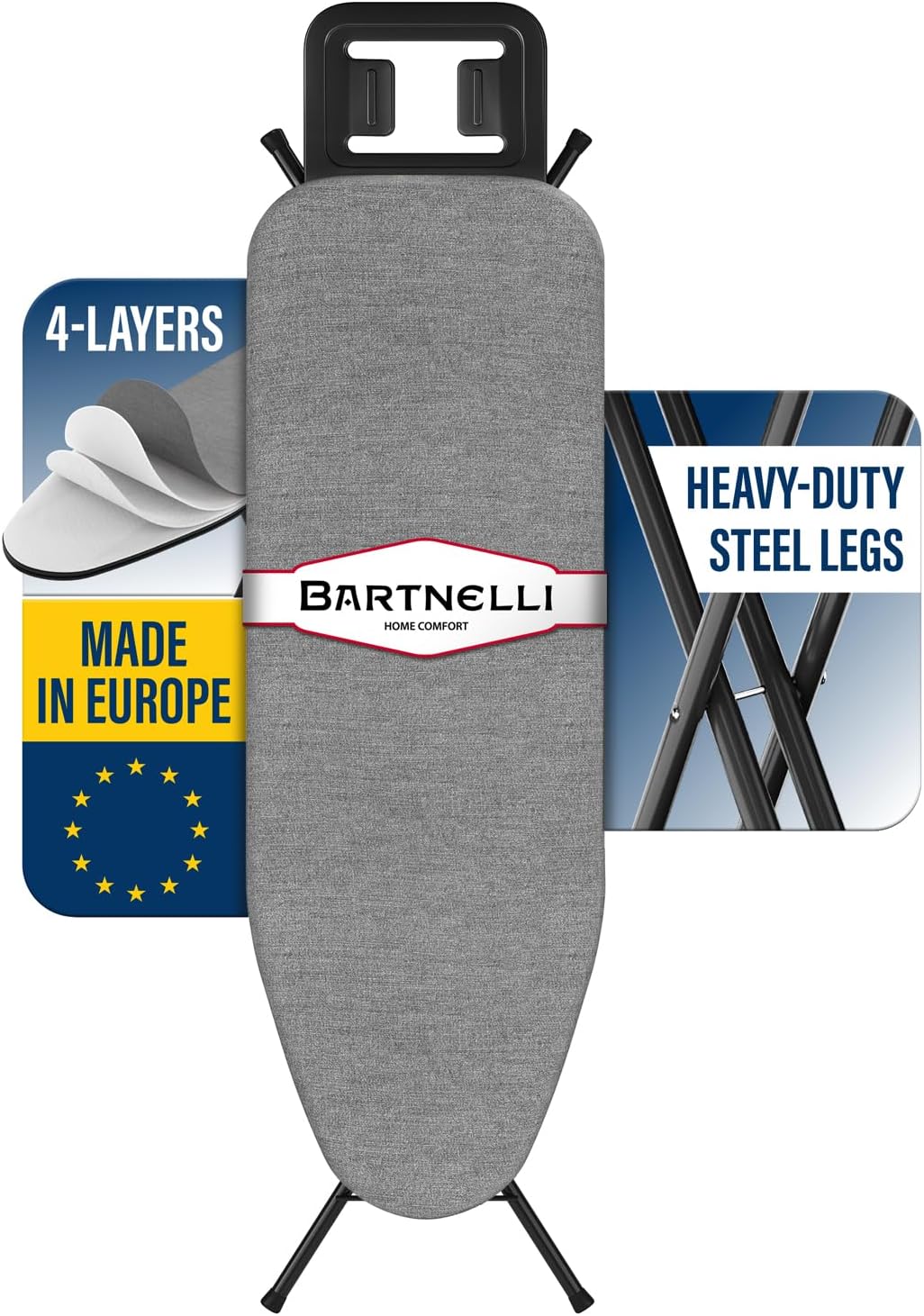 by Rorets Ironing Board Made in Europe | Iron Board with 4 Layered Cover & Pad, Height Adjustable up to 36" Features