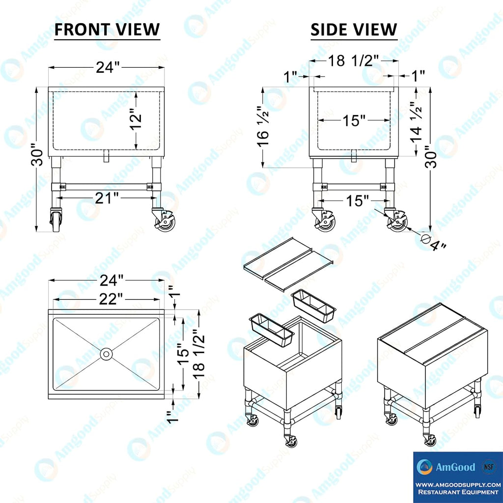 18 in. x 24 in. Stainless Steel Mobile Ice Bin with Sliding Lid – Insulated, with Bottle Holders & Casters