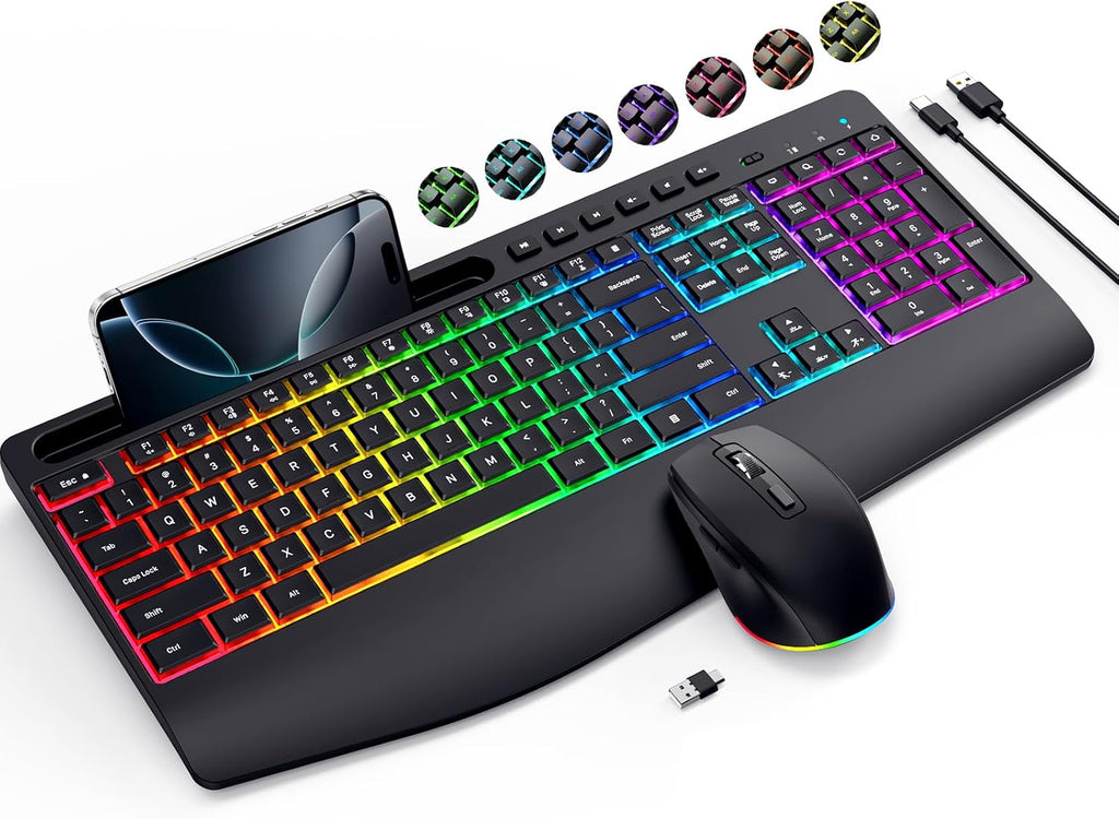 Wireless Keyboard and Mouse Combo- VEILZOR 2.4G Rechargeable Keyboard with Phone Holder, Ergonomic Wrist Rest, 9 RGB