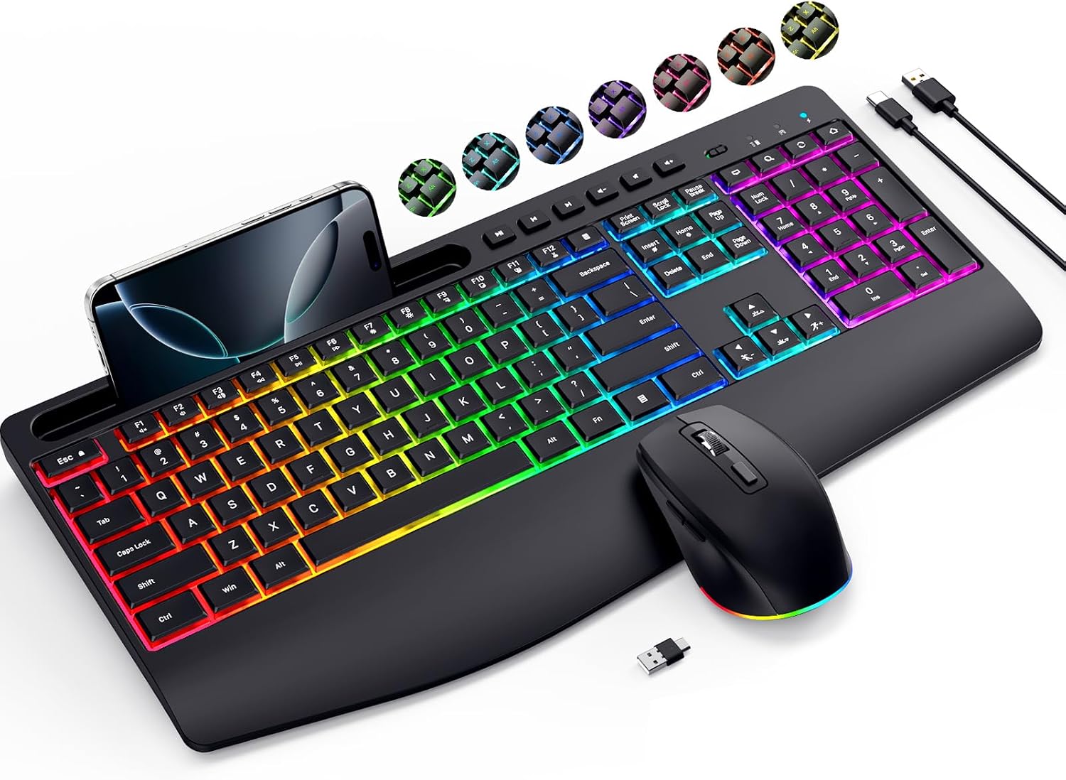 Wireless Keyboard and Mouse Combo- VEILZOR 2.4G Rechargeable Keyboard with Phone Holder, Ergonomic Wrist Rest, 9 RGB