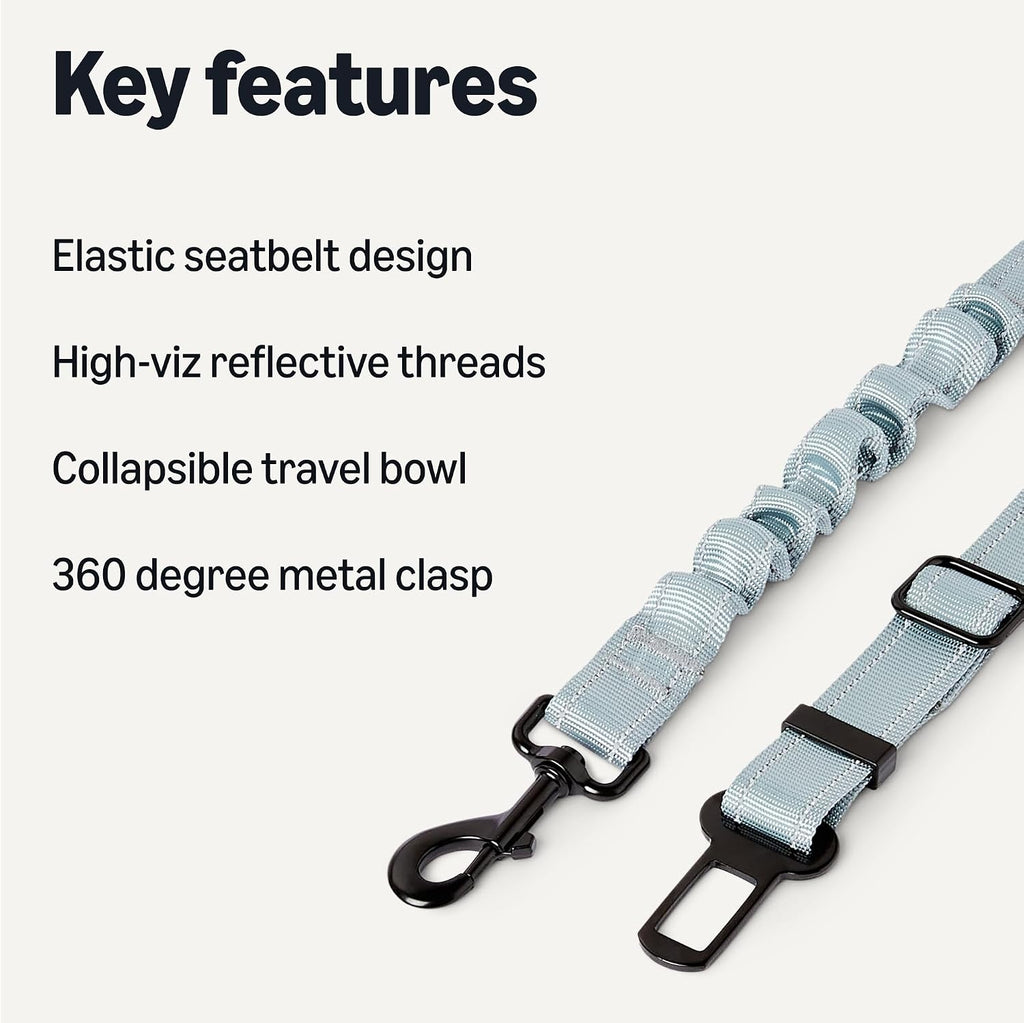 Reflective Dog Seat Belt with Collapsible Travel Bowl, Elastic Design, 360° Metal Clasp, for Dogs up to 44 lbs, 26.3