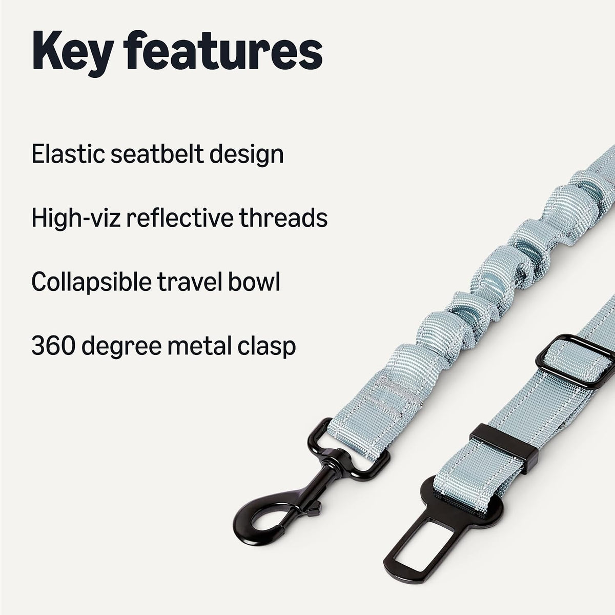 Reflective Dog Seat Belt with Collapsible Travel Bowl, Elastic Design, 360° Metal Clasp, for Dogs up to 44 lbs, 26.3