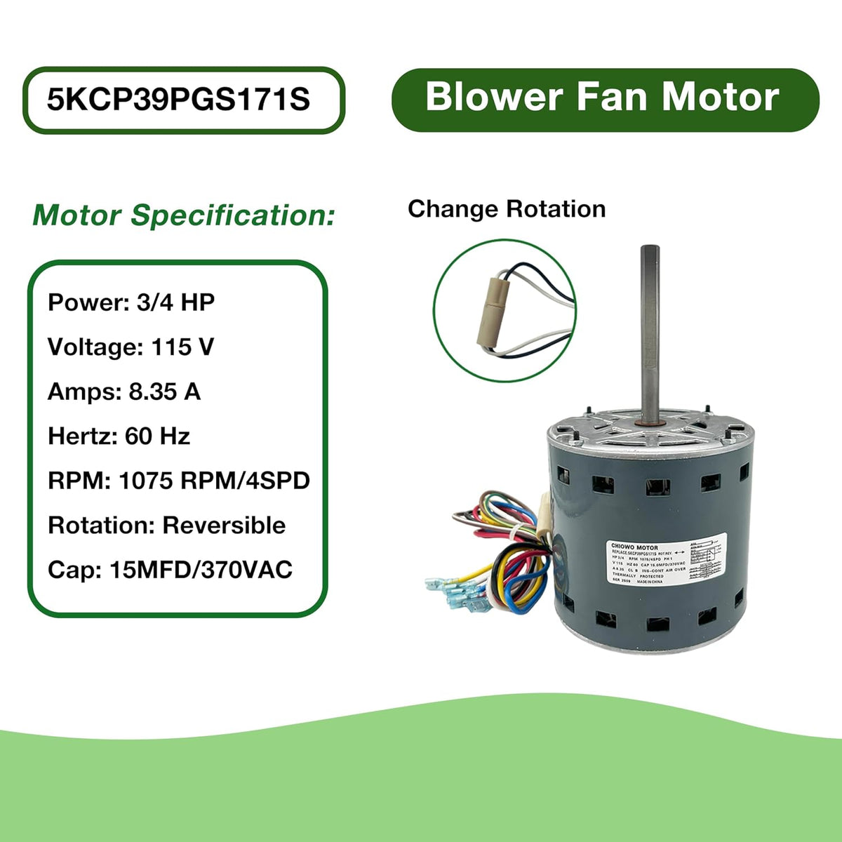 5KCP39PGS171S Blower Fan Motor 3/4HP 115V 8.35A 1075RPM 4-Speeds