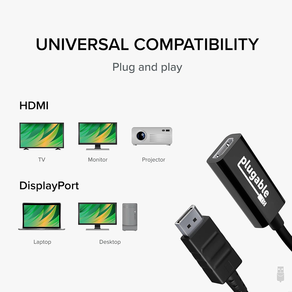 Active DisplayPort to HDMI Adapter, Uni-Directional, Driverless, Adapts Any Full-Sized DP Port to Enable Connecting a