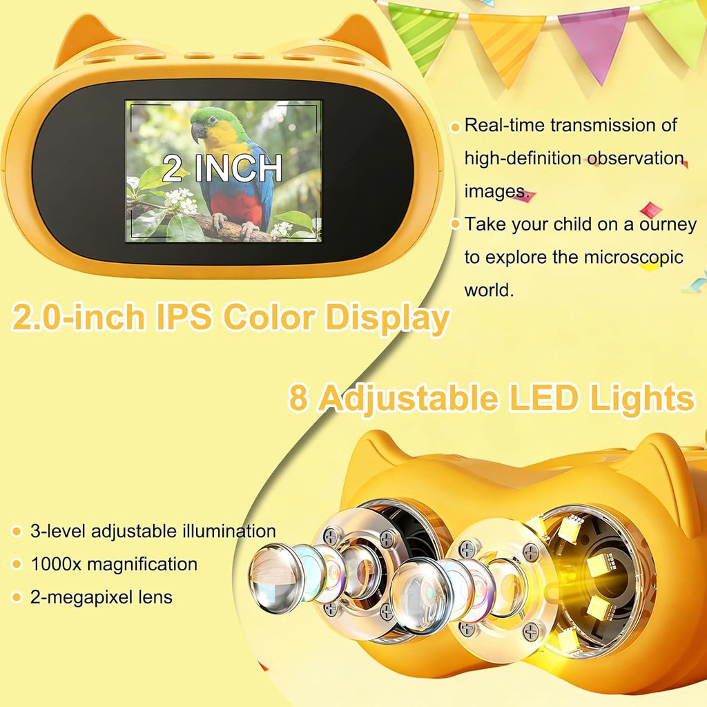 1000X Handheld Digital Microscope for Kids & Binoculars, STEM Toys, 2 in 1 | Kids Pocket Microscope with 2.0" IPS