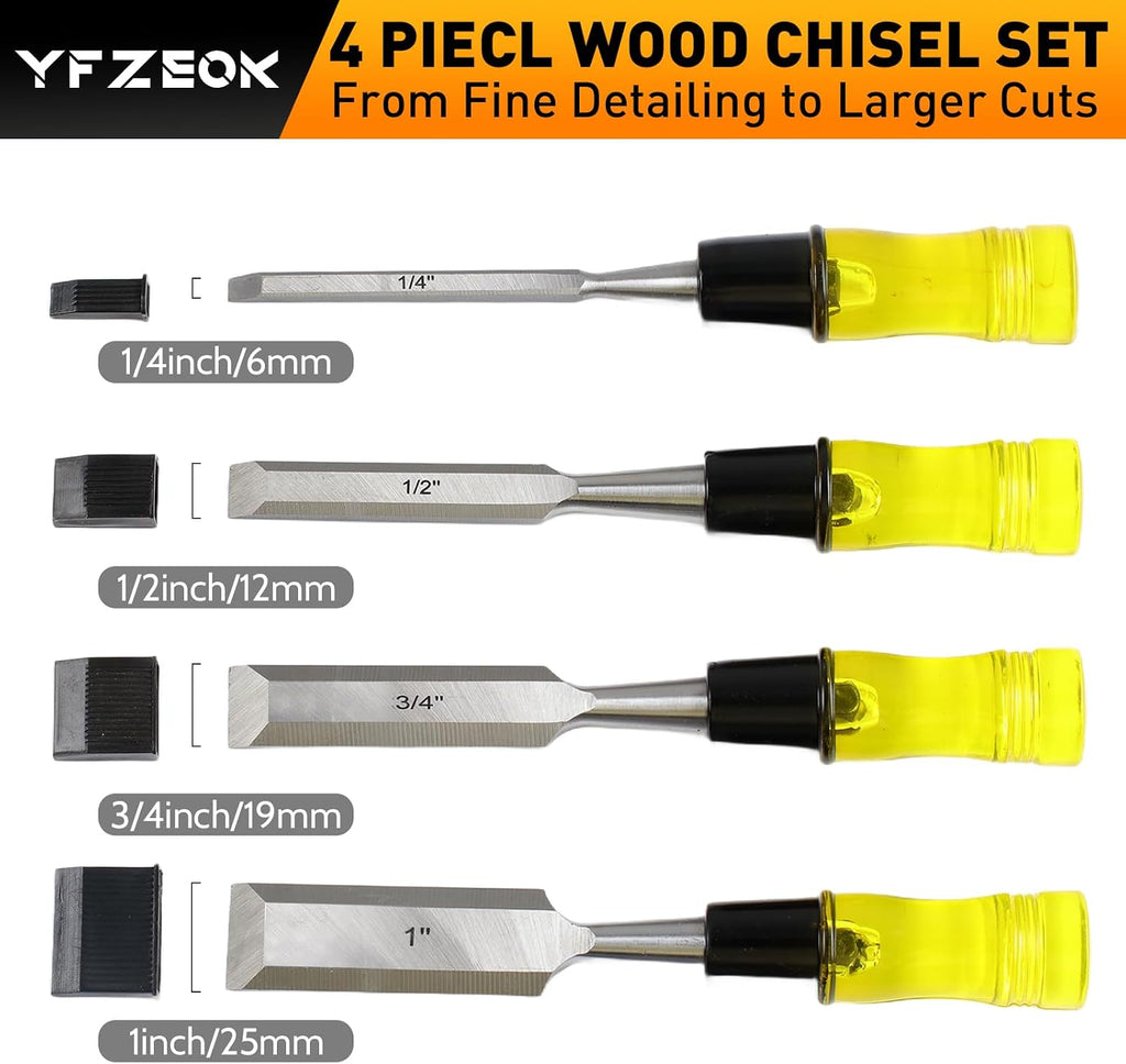Wood Chisel Sets，4-Piece Woodworking Tools Set, CR-V Steel Beveled Edge Blades with Safety Caps. Durable PVC High