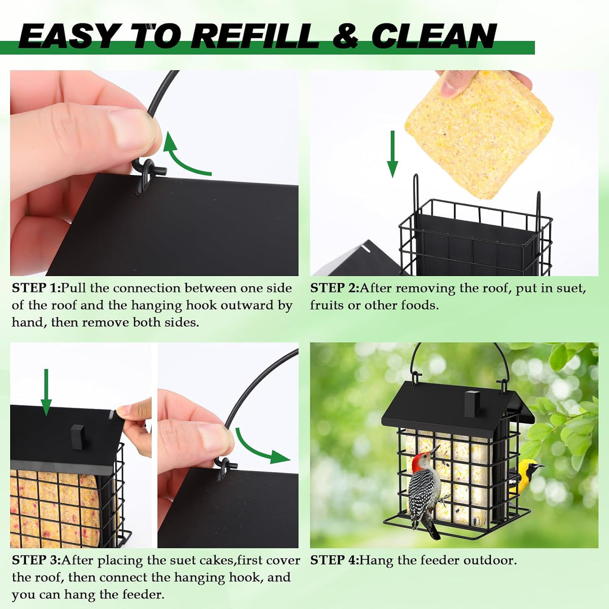 All-Metal Double Suet Bird Feeder for Outdoors Hanging, Black Roof