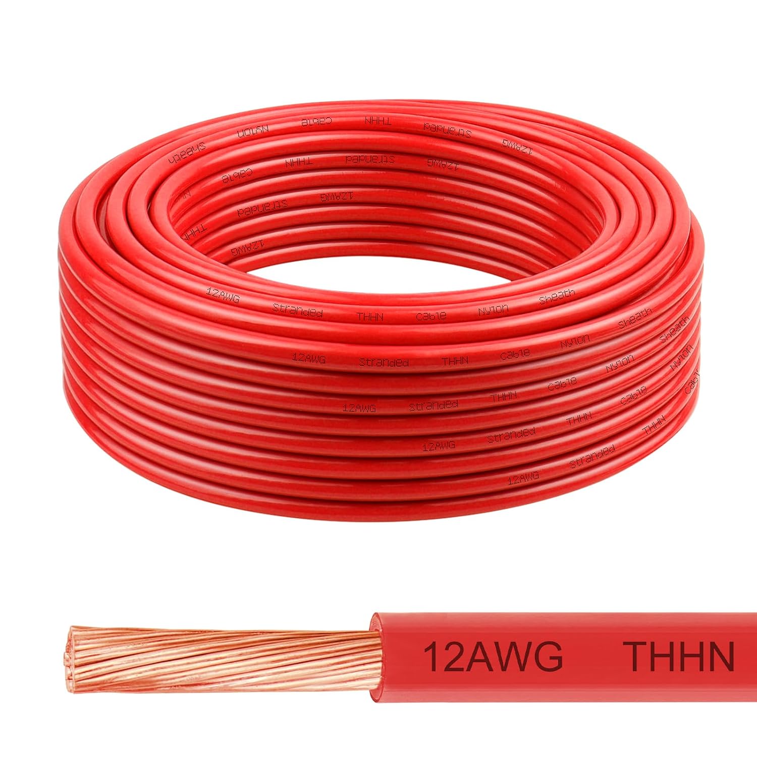 THHN Wire 12 Gauge 50 FT, 12 AWG Stranded OFC Copper Electrical Building Wire with Nylon Jacket PVC Insulation, Rated