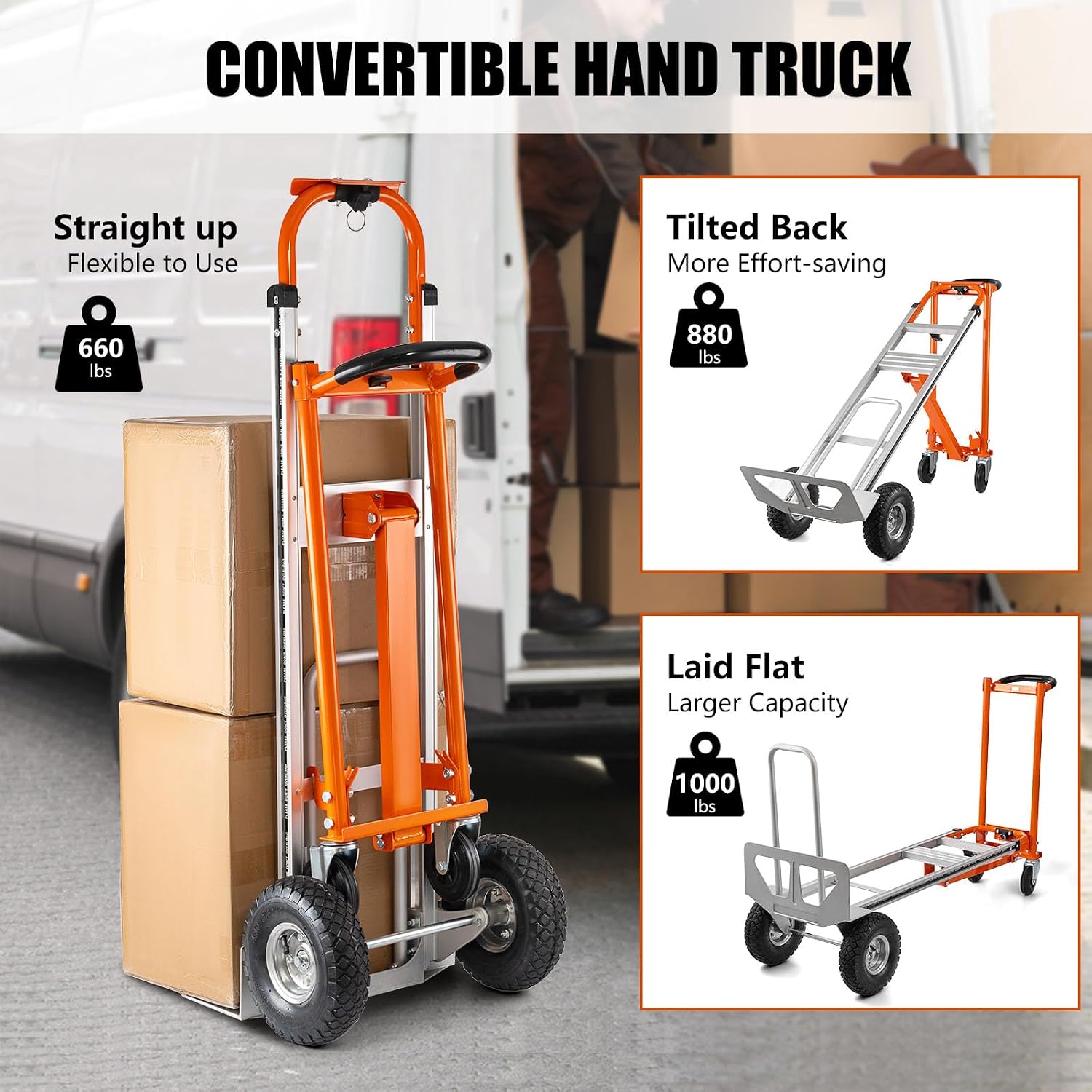 4in1 Convertible Hand Truck, Aluminum Hand Trucks 1000 lb Capacity, Utility Dolly Cart Convert from Hand Truck Dolly