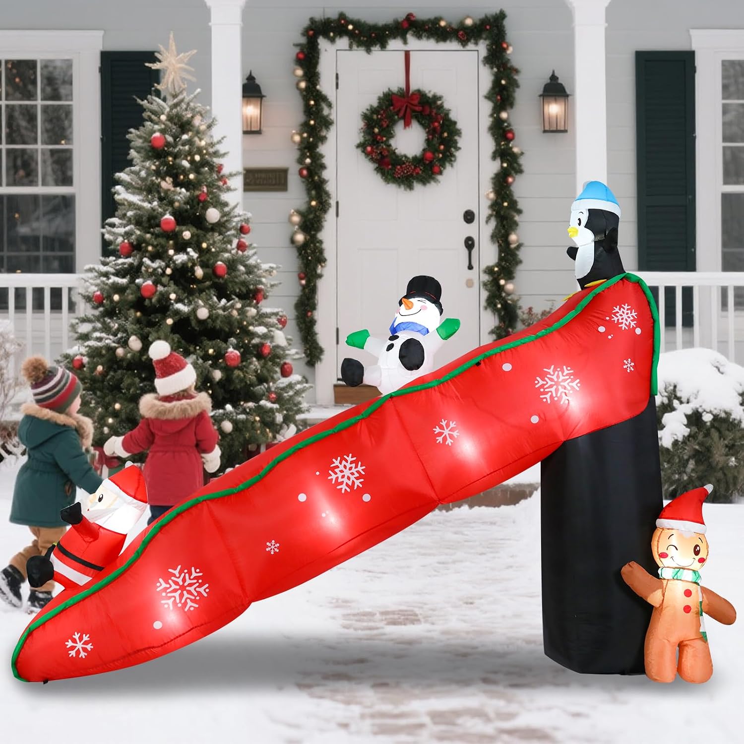 Christmas Inflatable Outdoor Decor,9.7FT Penguin Santa Claus Slide | Christmas Blow Up Yard Decor，LED Light