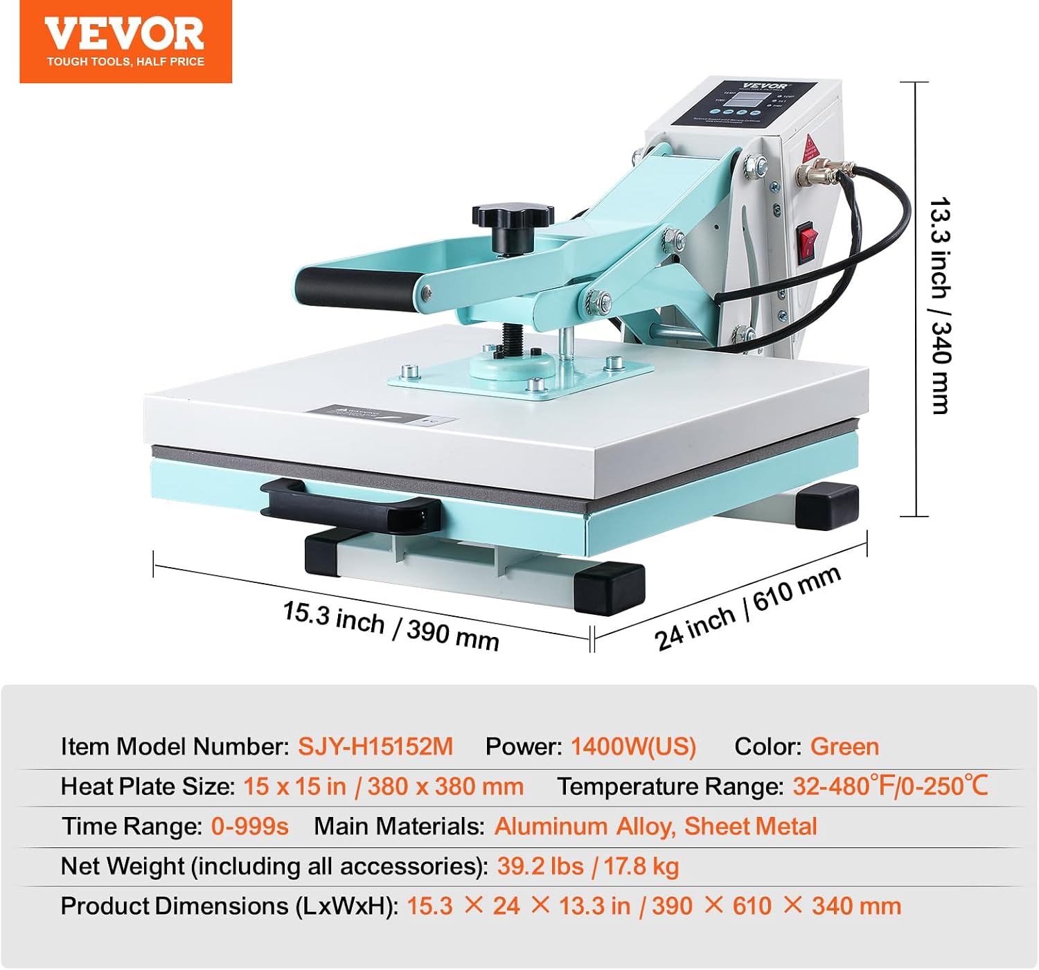 Heat Press Machine 15x15 in Slide Out Heat Transfer Machine Green | DIY Projects for Shirts Hoodies Pants Pillows