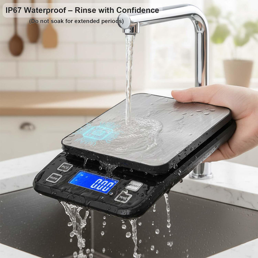 Waterproof Digital Kitchen Scale 0.1g/0.001oz Precision, Stainless Steel Electronic Scale with 3 Power Options