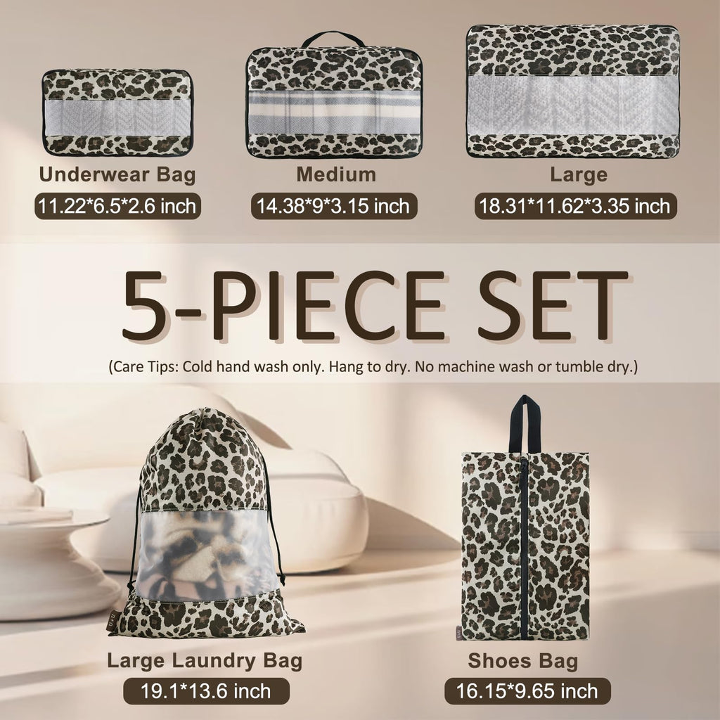 5 Set Packing Cubes, Travel Organizers with Shoe Bag (Leopard)