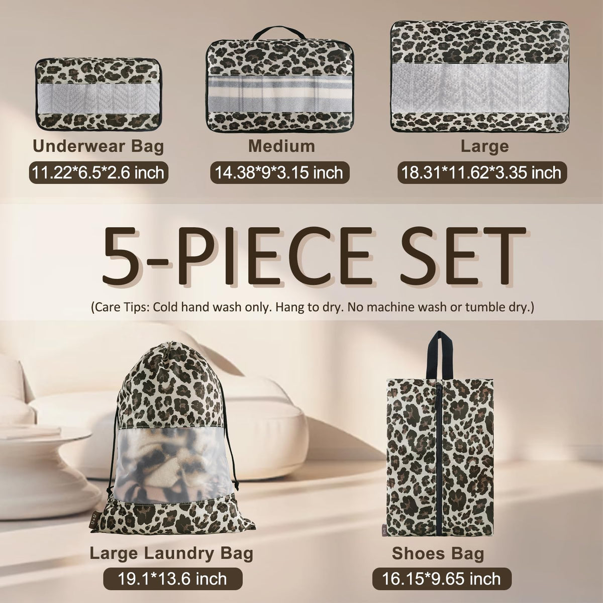 5 Set Packing Cubes, Travel Organizers with Shoe Bag (Leopard)