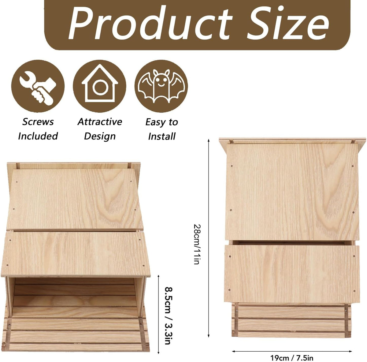 Bat House for Outdoors, 11.8 X 7.5 X 3.3 Single Storey Wooden Bat House, Easy to Install, Garden Eaves Habitat