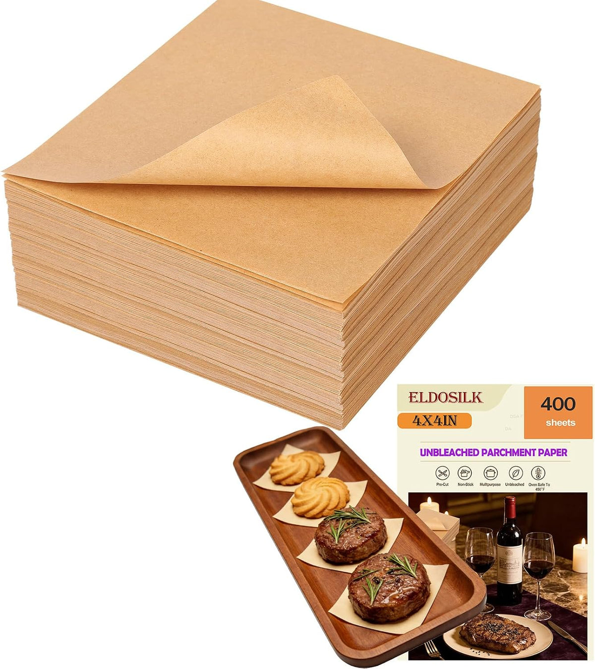 4x4 Inch Baking Parchment Paper, 400 Sheets/Pack | Non-Stick Food-Grade Unbleached Parchment Paper