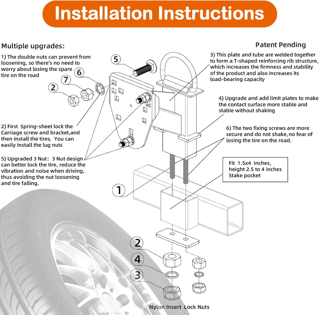 Stake Pocket Spare Tire Carrier with D-Ring,Heavy Duty