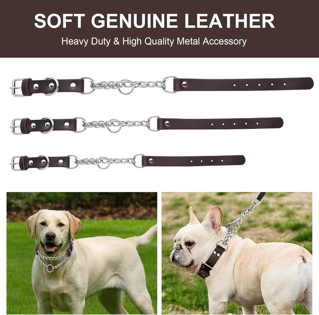 Leather Martingale Dog Collar, Genuine & Stainless Steel Chain Martingale Collar No-Pull Adjustable Anti-Slip