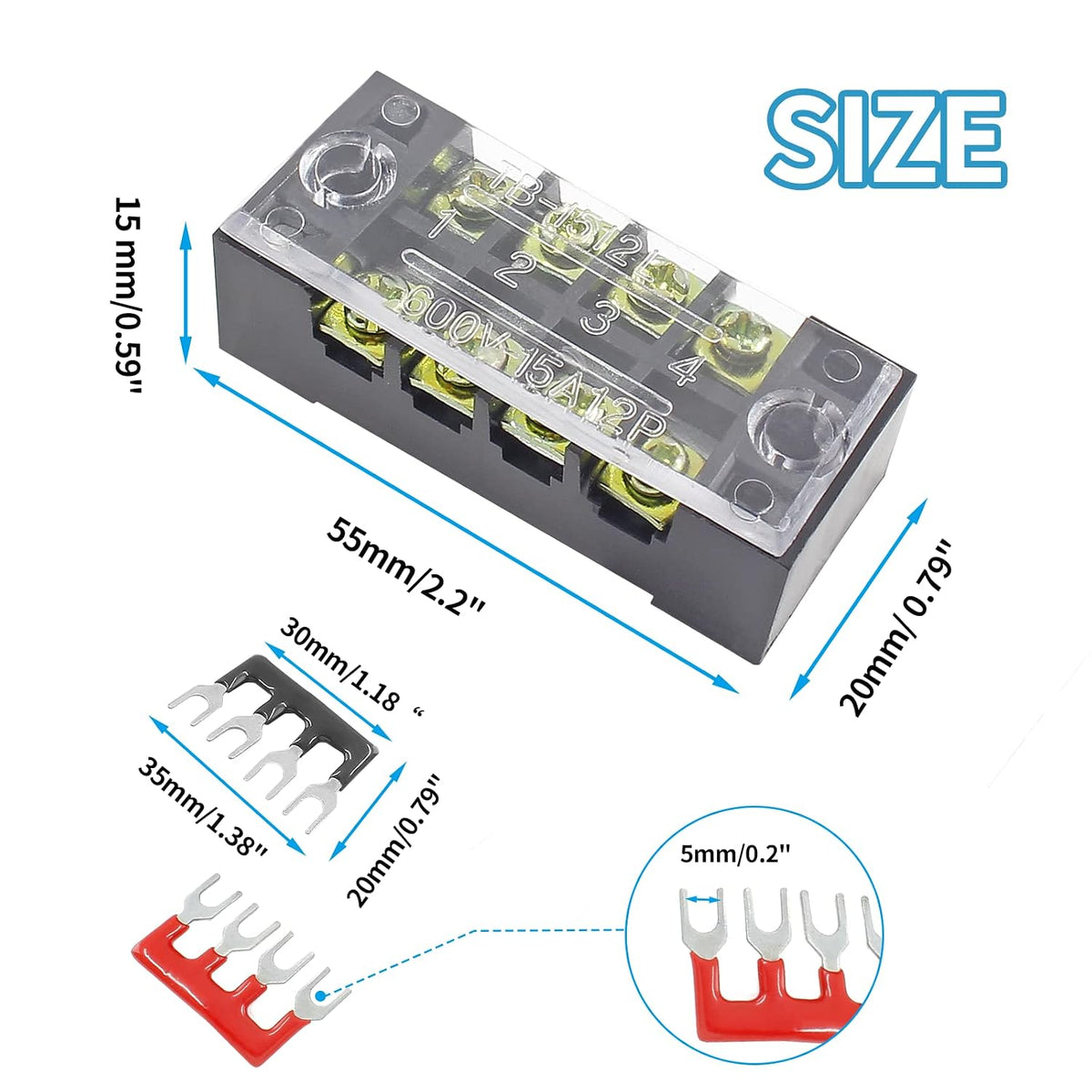 5Pcs Dual Row Screw Terminal Block 4 Position 15A 600V