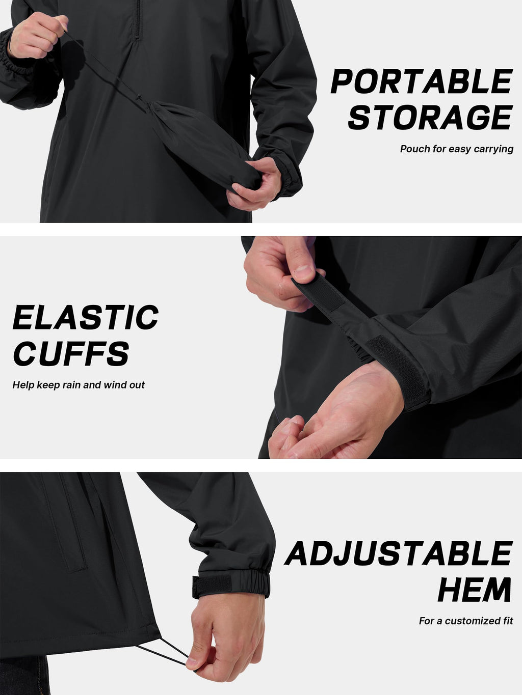 Mens Pullover Rain Jacket Waterproof Raincoat Black 2XL
