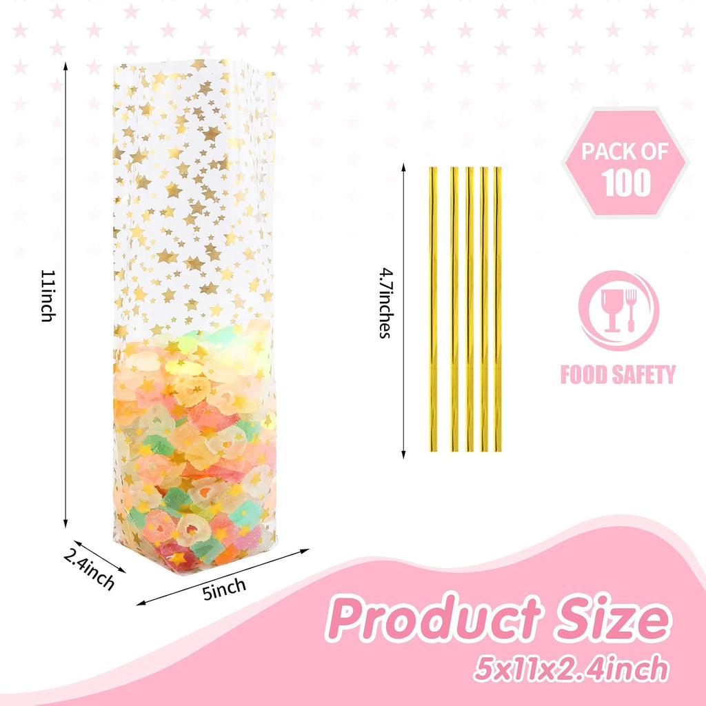 Gold Star Flat Bottom Gusset Cellophane Bags 5X 11 IN 100 PCS Clear Cellophane Gift Bags Party Favor Bags Cello