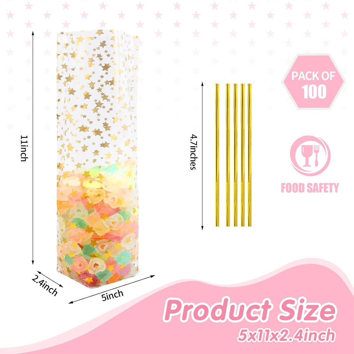 Gold Star Flat Bottom Gusset Cellophane Bags 5X 11 IN 100 PCS Clear Cellophane Gift Bags Party Favor Bags Cello