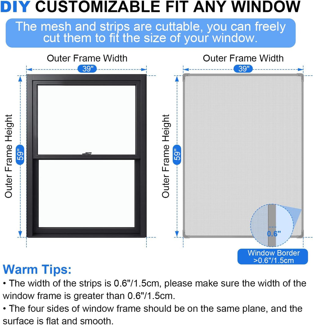 Window Screen Magnetic Window Screen Replacement Max 39" x 59", DIY Fiberglass Mesh Adjustable Window Screens for