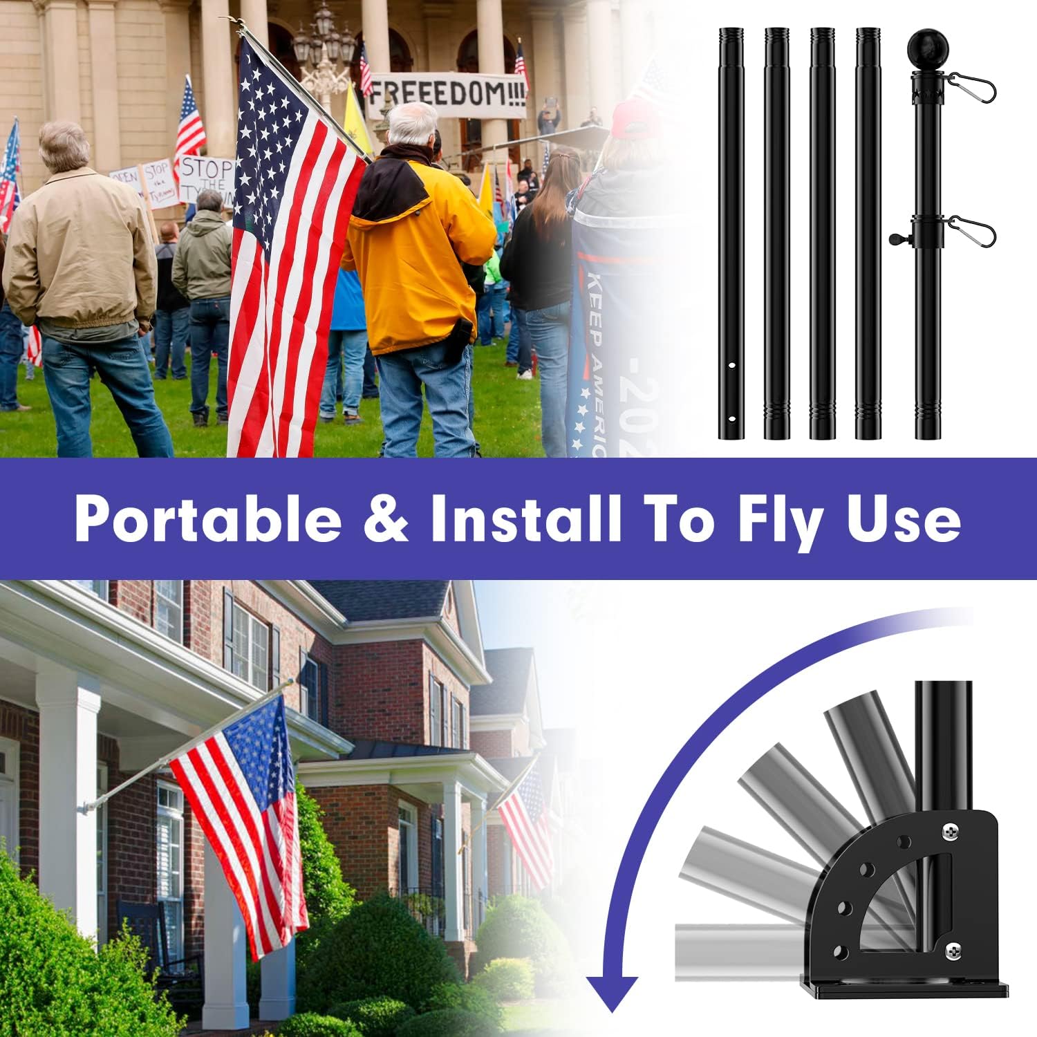 Flag Pole for House Outside with 5 Position Mounting Bracket, 5ft Stainless Steel Black Flagpole Kit for Commercial