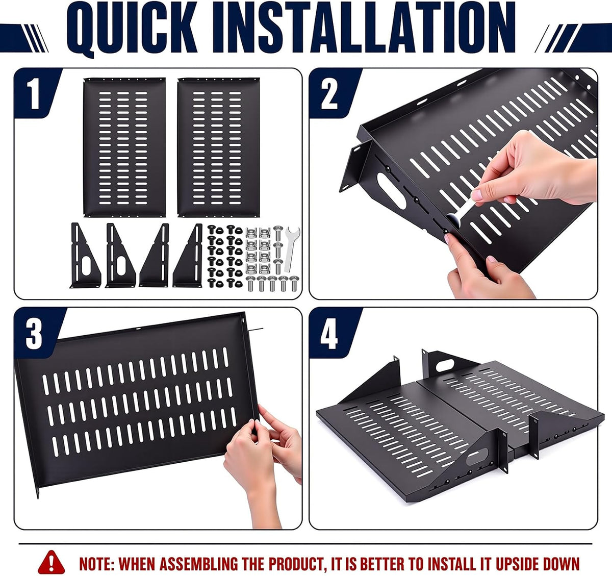 2U Cantilever Server Shelf Rack Mount 19 Inch 2 Piece Set Center Weighted Vented Tray for AV Data Network Equipment Enclosure, 110lb Capacity, 10 Inch Deep, Black(2U10InD)