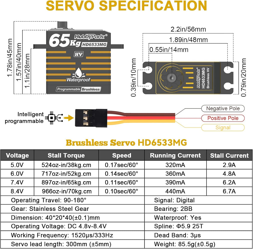 Waterproof 897oz-in 65KG High Torque Servo Brushless Motor 8.4V HV Servo Metal Gear RC Servo Programmable 2BB for 1/8