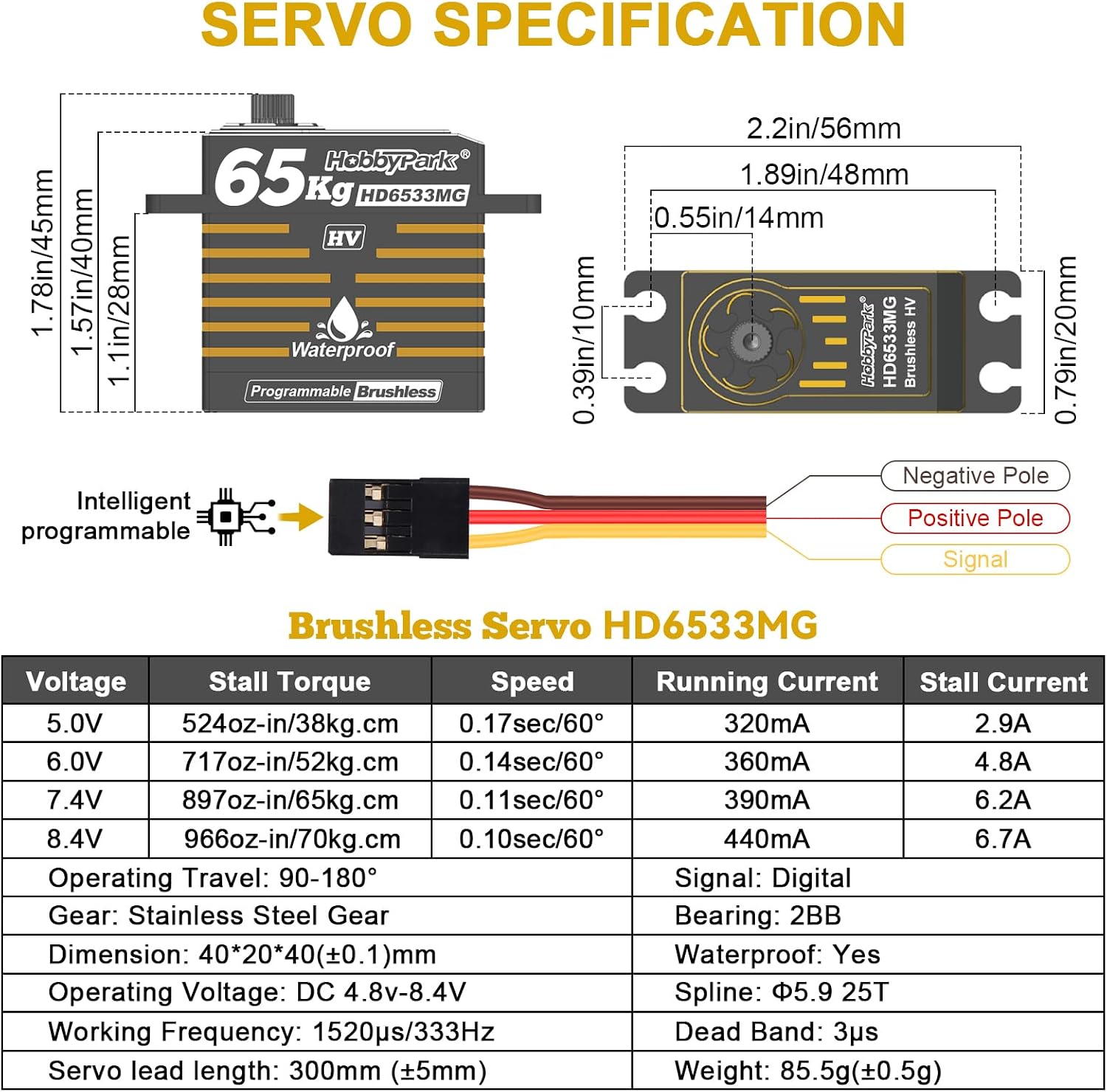 Waterproof 897oz-in 65KG High Torque Servo Brushless Motor 8.4V HV Servo Metal Gear RC Servo Programmable 2BB for 1/8