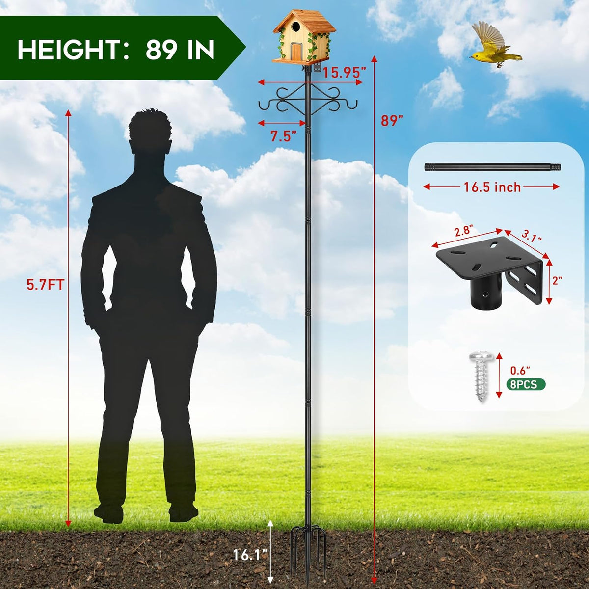 89’’ Smart Bird Feeder Pole Heavy Duty, 5-Prong Base & Double Hooks