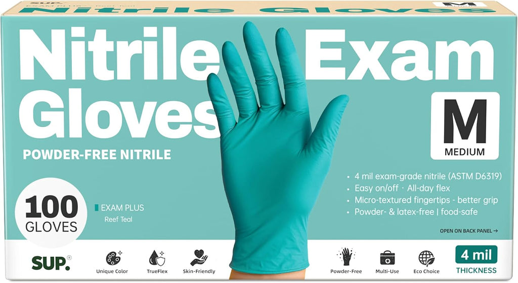 SUP Exam Plus Nitrile Gloves, Powder-Free Disposable, Teal 100 Count