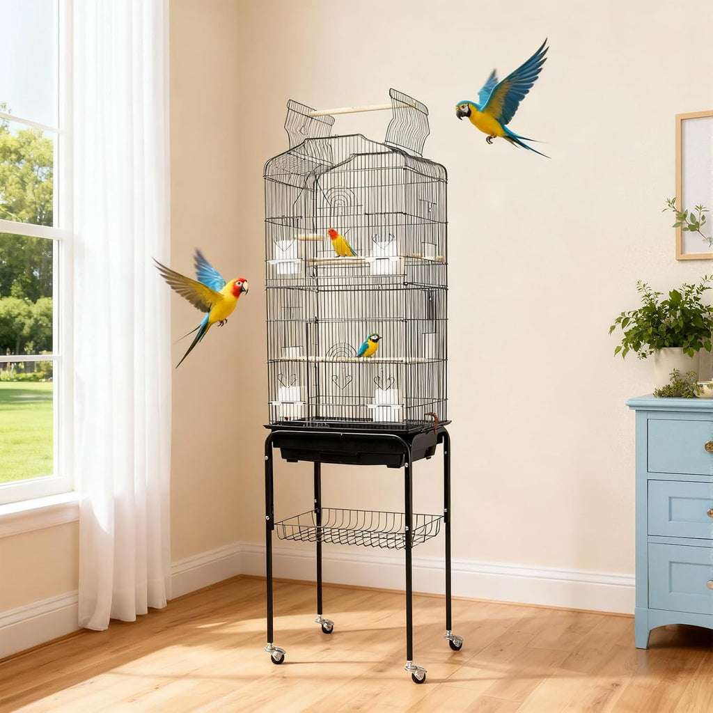 65.5 Inch Large Wrought Iron Bird Cage with Open Play Top, Heavy-Duty Detachable Rolling Stand & Storage, Flight Cage