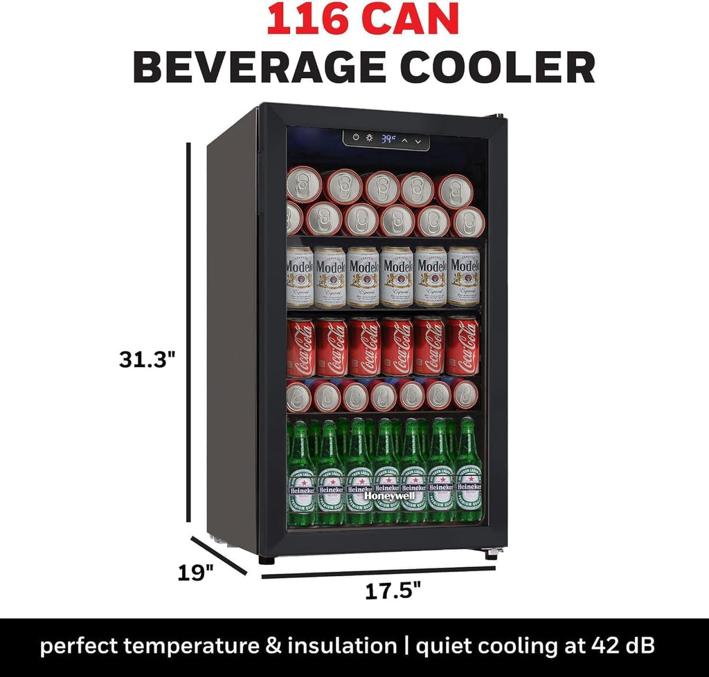 Beverage Refrigerator and Cooler, 116 Can Mini Fridge with Glass Door for Soda Beer or Wine for Office or Bar with