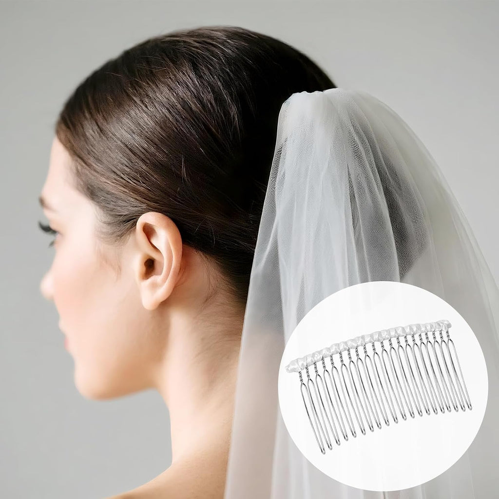 20 Teeth Ribbon-wrapped Veil Combs, 1.8" Extra Long Teeth Bridal Hair Comb for Long Wedding Veils, Sturdy Metal Wire