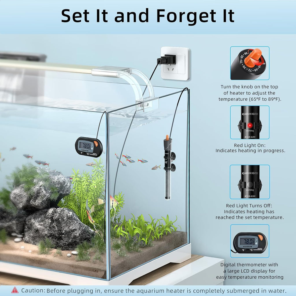Aquarium Heater 25W/50W/100W/200W/300W, Adjustable Knob Fish Tank Heater with Digital Thermometer, Submersible
