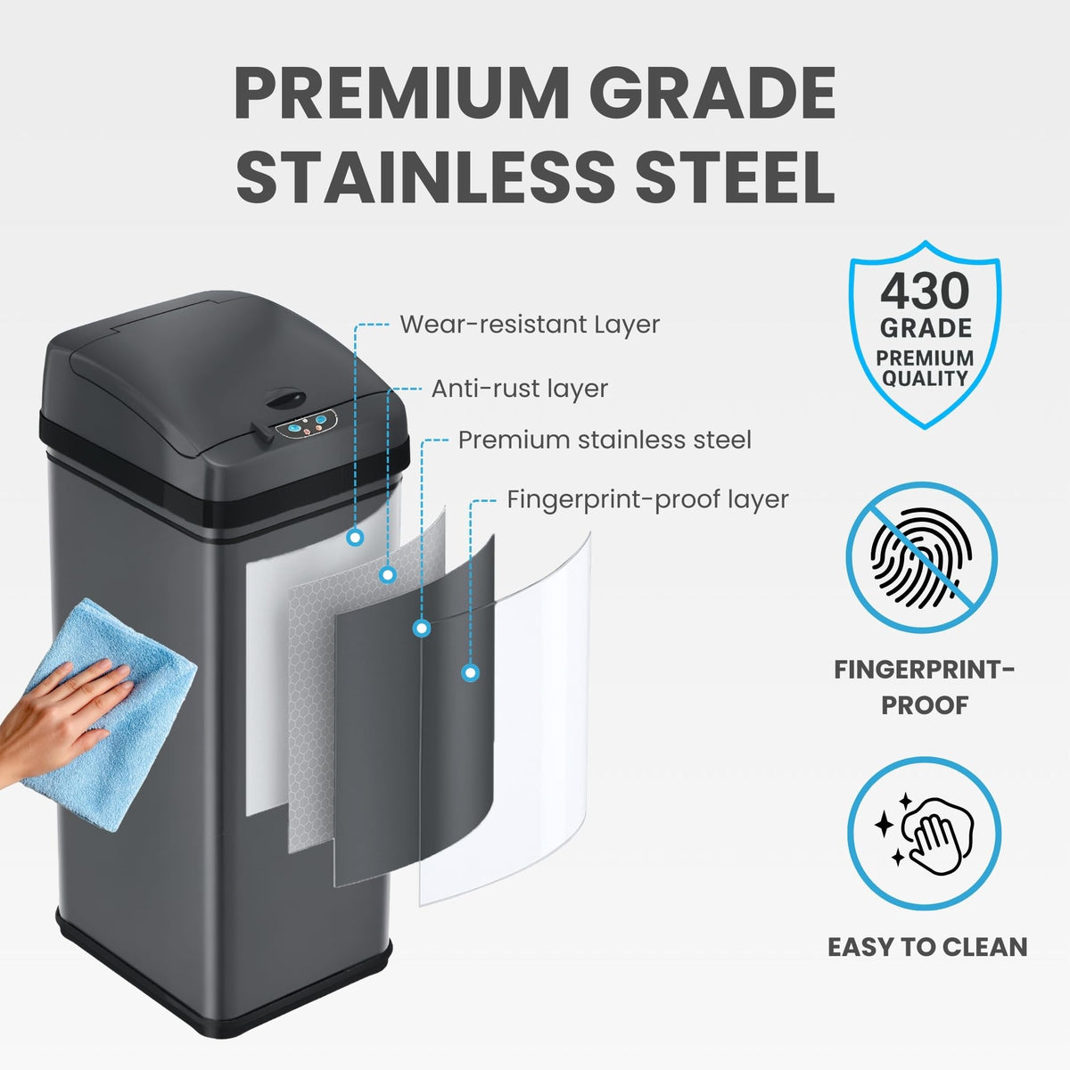 13 Gal Sensor Kitchen Trash Can with Lid | Pet Lock Odor Filter