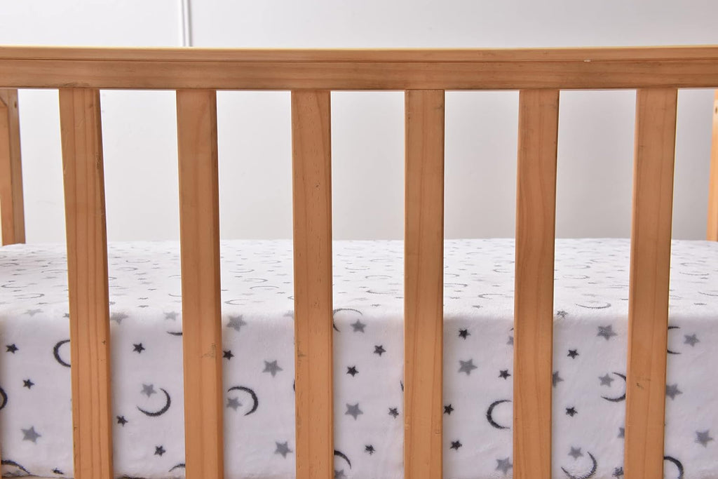 Cozy Fleece Soft and Warm Microplush Fitted Crib Sheets with Moon and Stars - Grey/White, 28 x 52 Inch