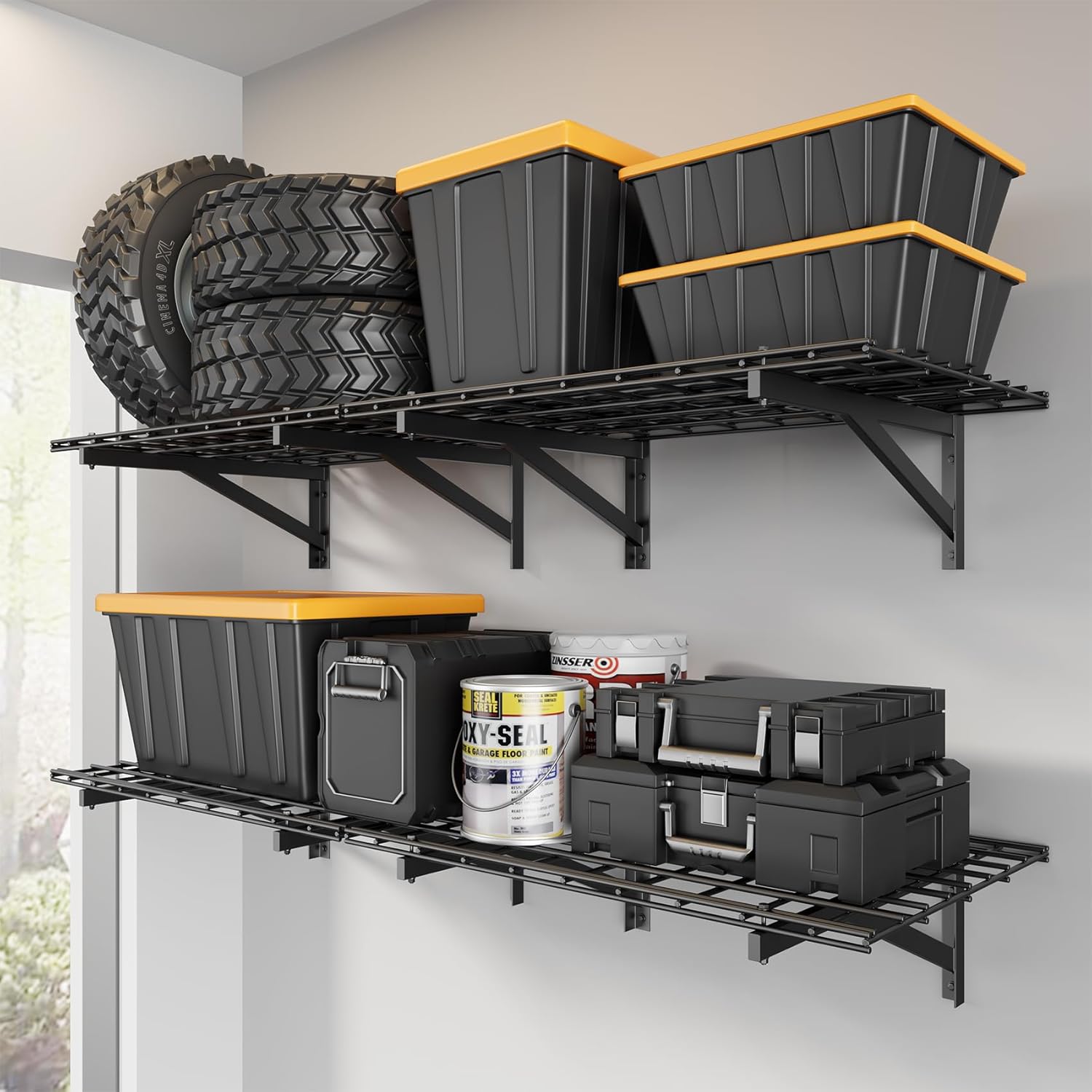 4 Pack Heavy Duty Garage Wall Shelving Set (2x3ft), Wall Mounted Garage Shelves 1400lbs Capacity, 24"x72" Shelf