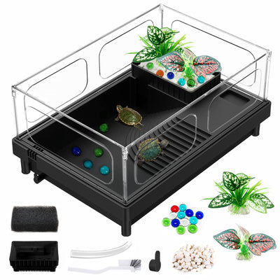 Small Turtle Tank Kit, Acrylic Turtle Starter Kit, Reptile Habitat and Terrarium with Multi-Functional Areas for