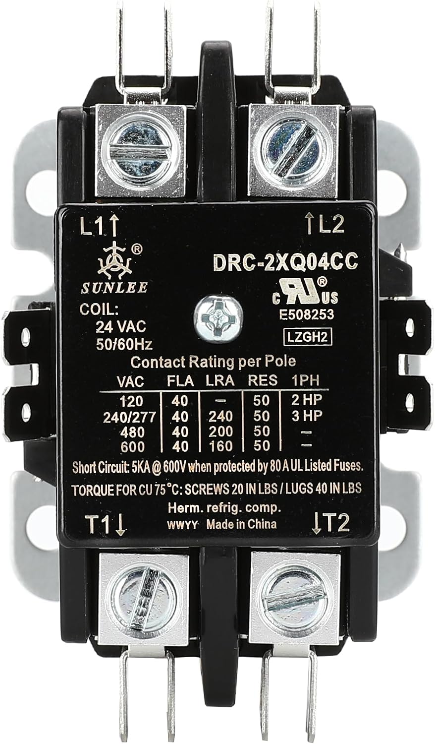 SUNLEE 2 Poles FLA 40 Amp Coil 24 VAC Air Conditioner Condenser Compressor Contactor AC Definite Purpose Contactor Universal Fit UL Recognized A2L Compliant