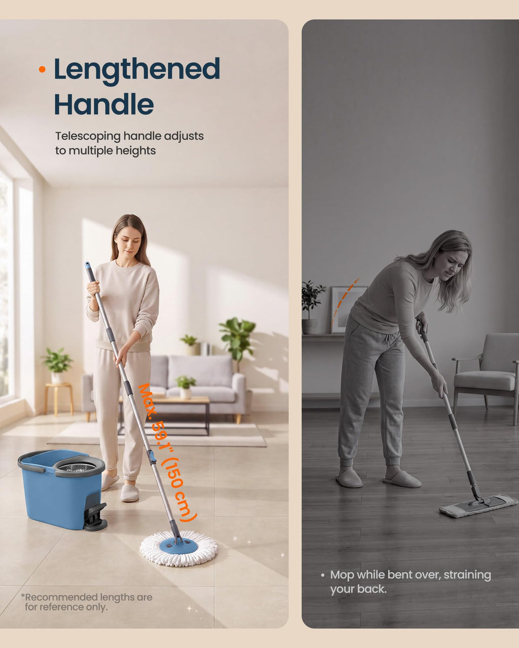 Spin Mop and Bucket Set, 4 Microfiber Pads, Blue and Gray
