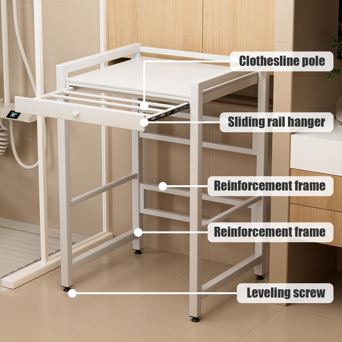pofluany Washer Dryer Stacking Kit with Pull-Out Sliding Plate, Height Adjustable WasherDryer Stacking Rack Stand, Over The Washer and Dryer Stackable Shelf, Washing Machine Stand White