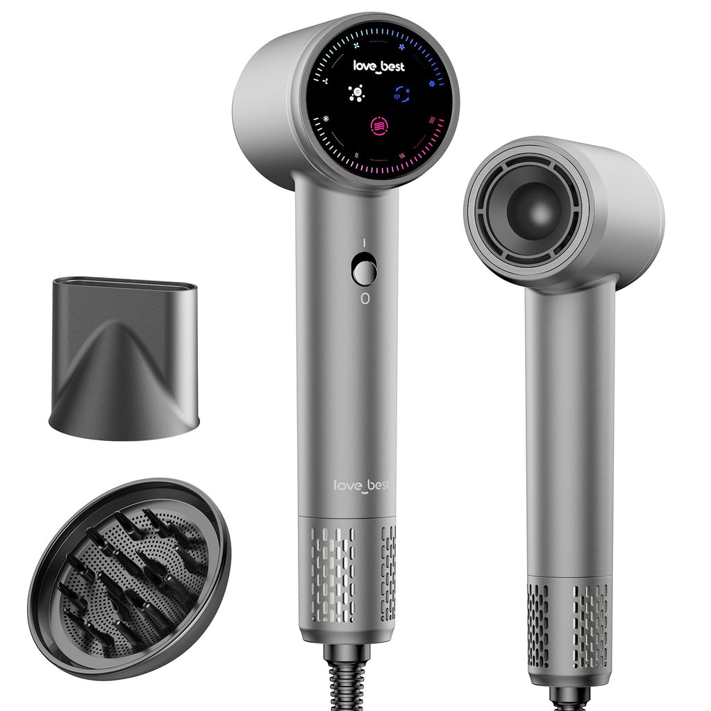 High-Speed Hair Dryer with Diffuser, Stepless Control, Lightweight, Silver