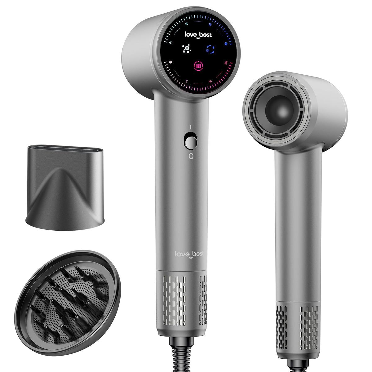 High-Speed Hair Dryer with Diffuser, Stepless Control, Lightweight, Silver