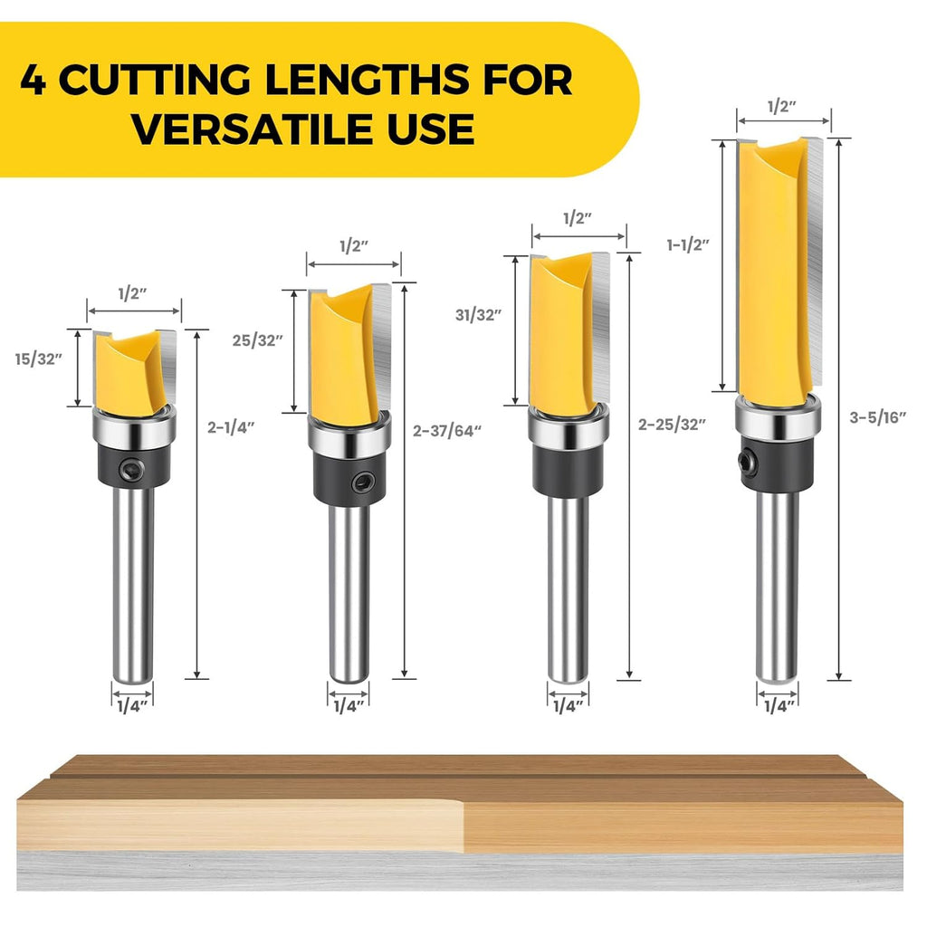 4PCS Flush Trim Route Bit 1/4 Shank with Bearing, Prevent Tear-Out | 4 Cutting Lengths, Straight Cut Carbide Tipped
