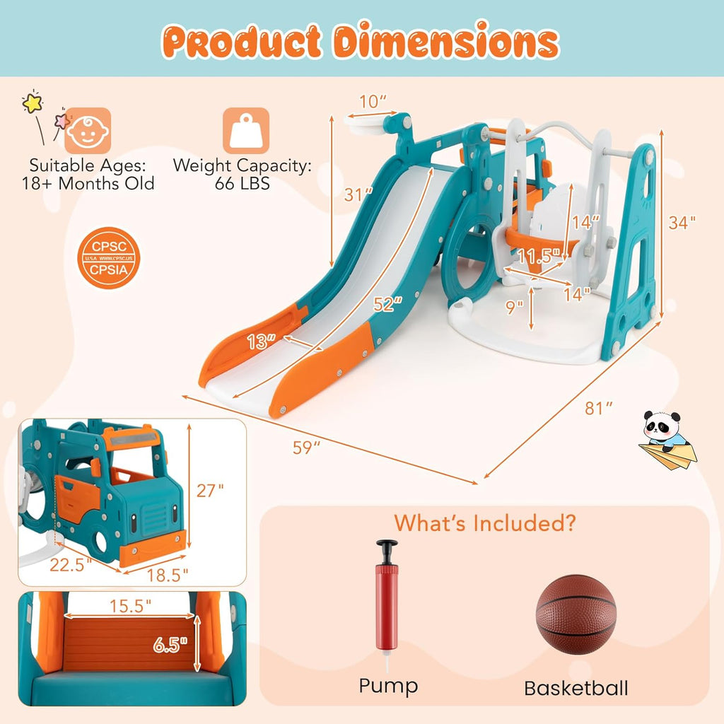 6 in 1 Toddler Slide and Swing Set, Mini Bus Indoor Outdoor Baby Swing with Basketball Hoop, Crawling Tunnel, Kids