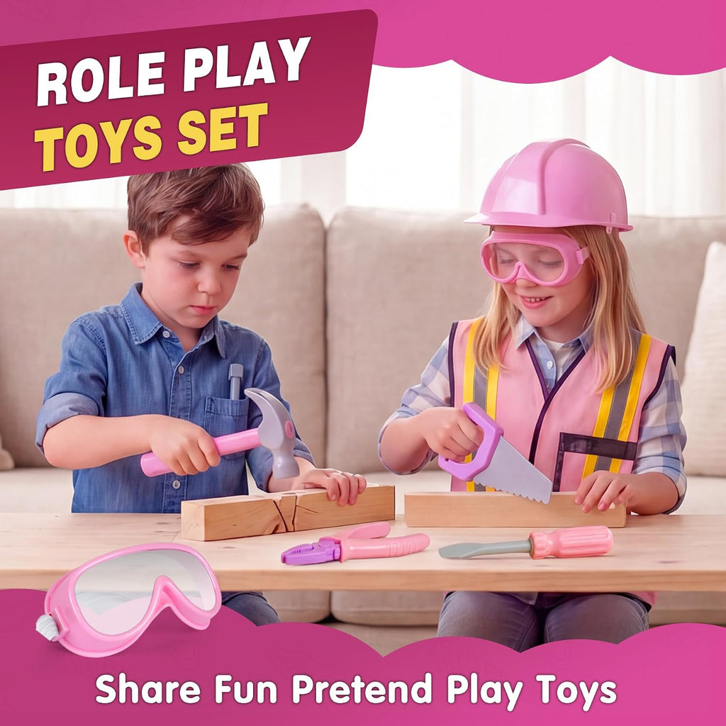 Pink Kids Tool Set with Construction Worker Costume for Girls Ages 3-5 - Toddler Dress Up Clothes, Toy Tools, Hat &
