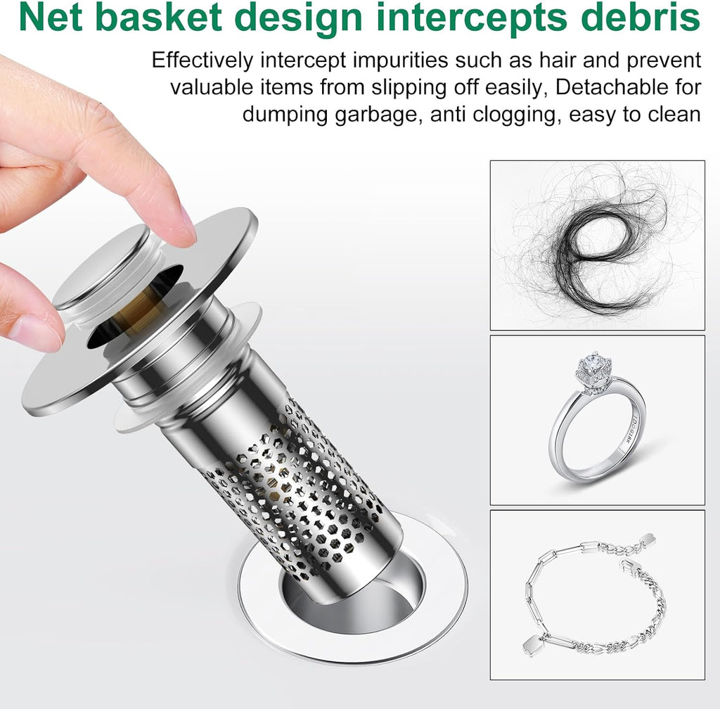 Bathroom Sink Drain Strainer,Universal Pop-Up Sink Stopper Hair Catcher, Anti-Clog Stainless Steel Drain Filter